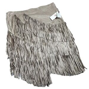 Idyllwind Taupe Fringe Suede Midi Skirt